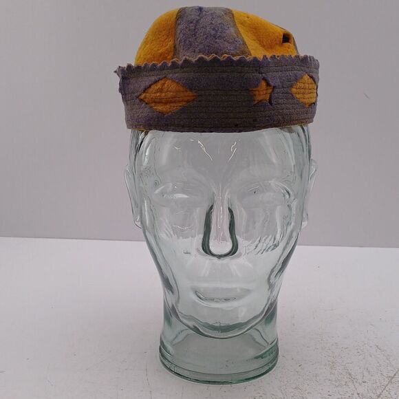 Vintage 2-Tone Yellow / Purple Wool Hat Beanie Cap GEOMETRIC Diamond Star Design - Picture 3 of 12